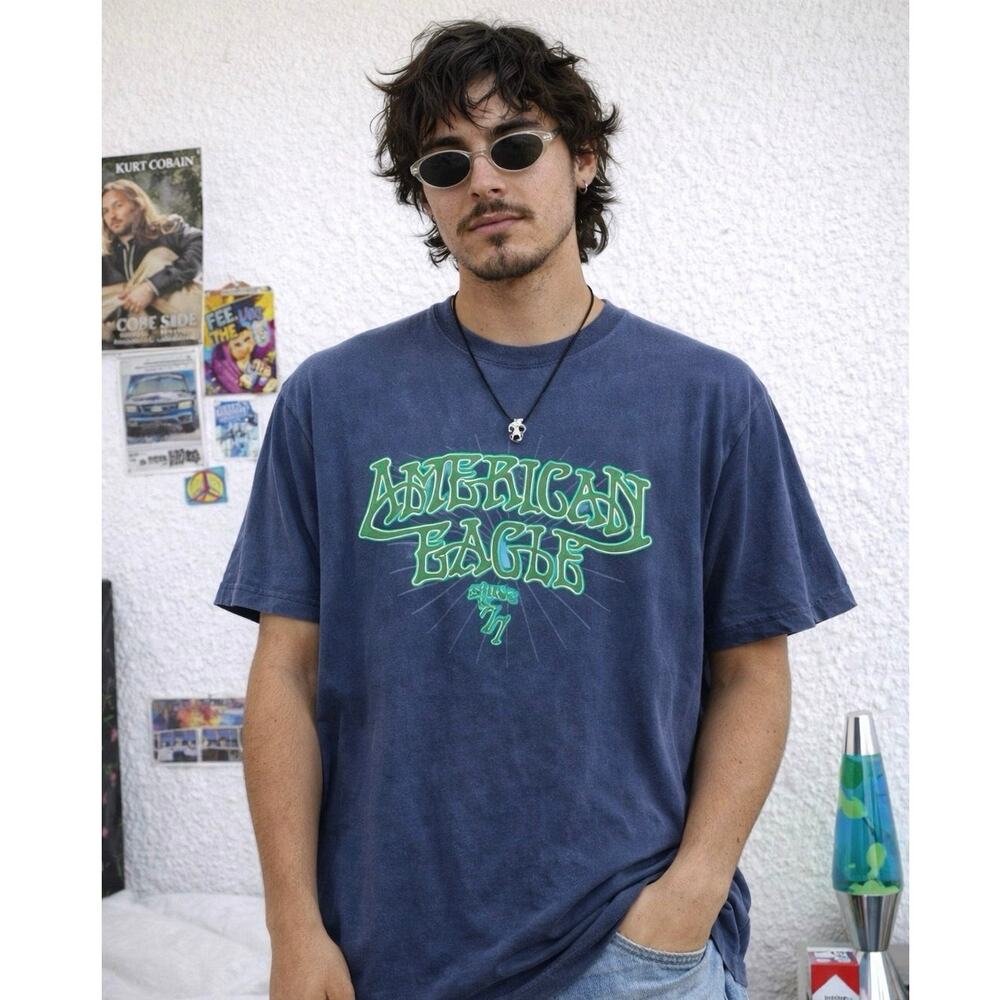 Vintage Y2K American Eagle 77 T-Shirt Men's Large 90s Style Grunge Cotton Tee